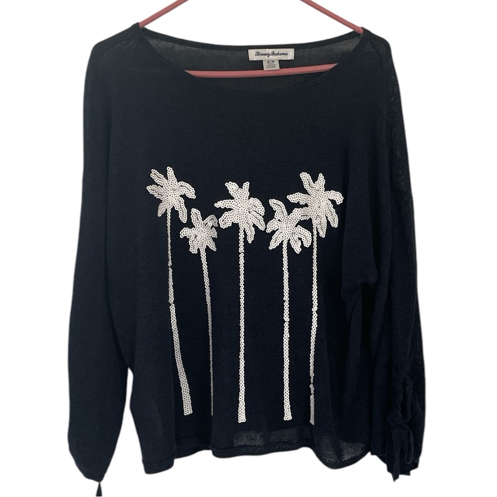 Tommy Bahama Navy Long-Sleeve Sequin Palm Tree Top